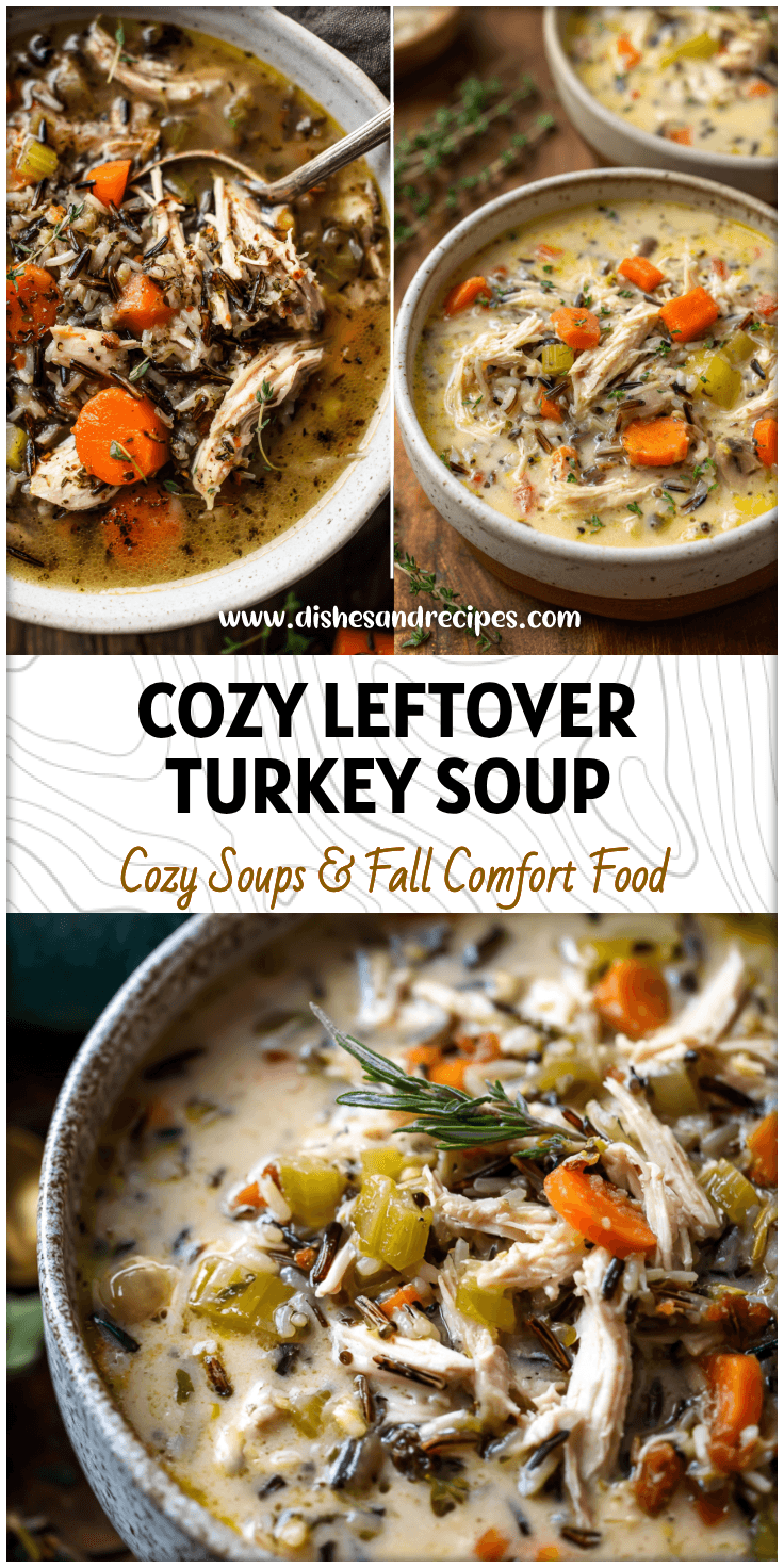Bowl of creamy Leftover Turkey and Wild Rice Soup with shredded turkey and vegetables served for a cozy fall meal